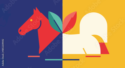 Abstract Horse Illustration with Geometric Shapes and Contrasting Colors.