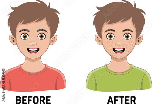 Acne treatment before and after cartoon illustration of a boy with skin condition acne