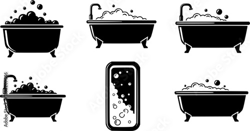Set of bathtub vector icons. Bath with bubble and foam. Bathroom pictogram.
fv b  