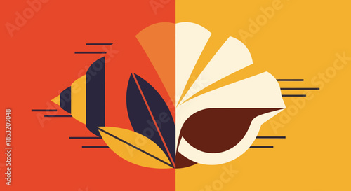 Abstract illustration featuring a bee and a stylized flower on split background.