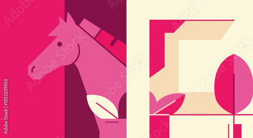 Abstract horse illustration with geometric shapes and vibrant colors.