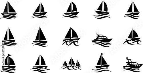 Set of sail boat vector icons. Black silhouette with sailboat and sea wave. Nautical yacht or sailboat.
