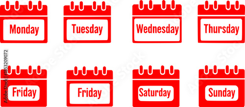 Icons with calendar days week. Days week : monday, tuesday, wednesday, thursday, friday, saturday, sunday. Vector set.
