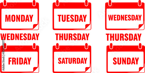 Icons with calendar days week. Days week : monday, tuesday, wednesday, thursday, friday, saturday, sunday. Vector set.
