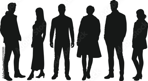Business people silhouettes standing together, professional team concept, anonymous men and women figures isolated on white background, studio contrast diversity