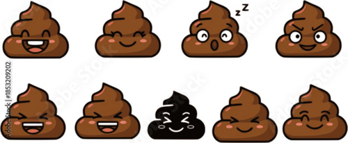 Set of cute poop vector icons on white background. Emoticon brown poo. Smiling poop. Vector 10 EPS.
