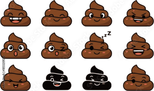 Set of cute poop vector icons on white background. Emoticon brown poo. Smiling poop. Vector 10 EPS.
