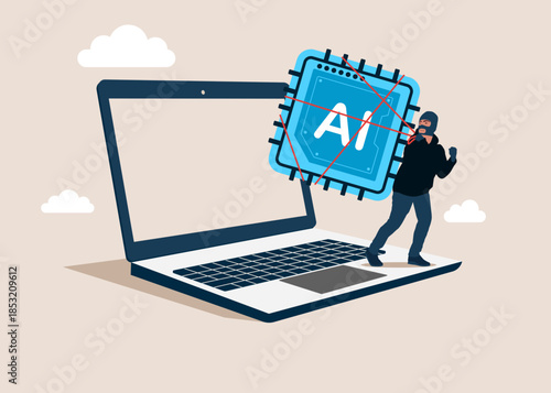Thief stealing chip AI technology, burglar with microcircuit. Artificial intelligence technology. Data analysis. Modern vector illustration in flat style