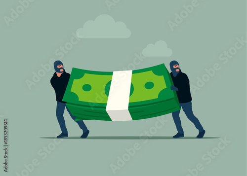 Thief stealing money stack with a check, burglars with money. Fraud and failure business. Modern vector illustration in flat style