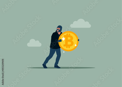 Thief stealing bitcoin, burglar with money. Fraud and failure business. Flat vector illustration
