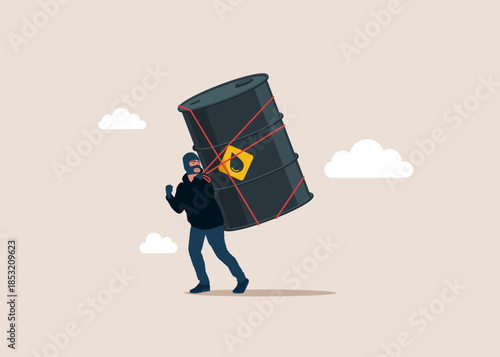 Thief stealing crude oil, burglar with trading. Vector flat illustration