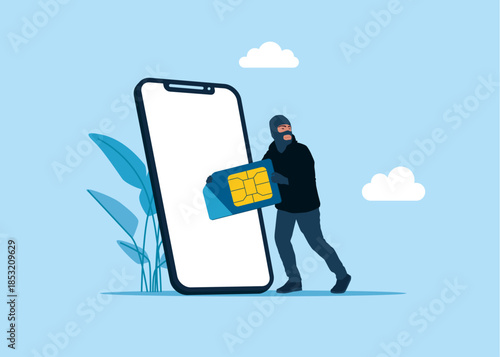 Thief mobile sim card , burglar with microcircuit. Flat vector illustration