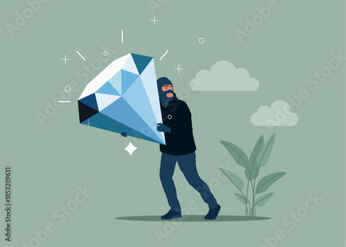Thief stealing jewelry, burglar with diamond. Fraud and failure business. Finance risk problem. Flat vector illustration