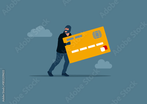Thief stealing credit card, burglar with money. Hacker stealing credit card information. Modern vector illustration in flat style