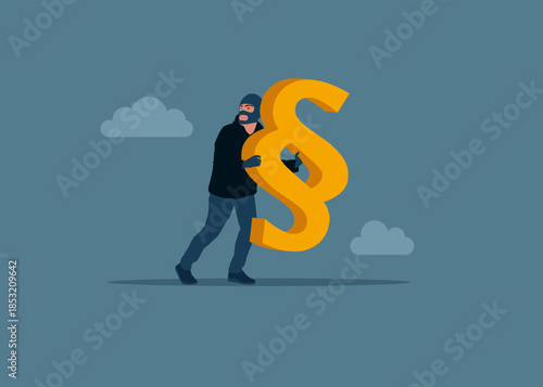 Thief stealing laws, burglar with sign paragraph. Lawyer and advocate services. Laws coming into effect. Vector flat illustration