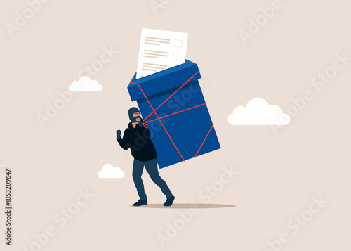 Thief stealing vote, burglar with paper ballots to election box. Vector flat illustration