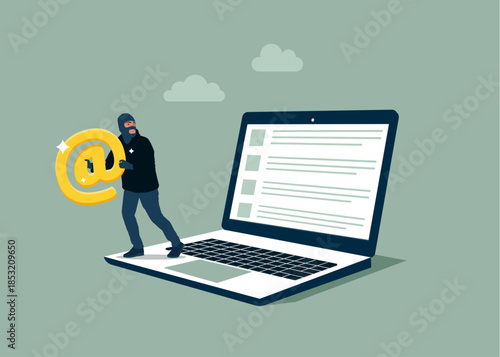 Thief stealing address mail, burglar with at sign icon. Cyber security and phishing concept. Flat vector illustration