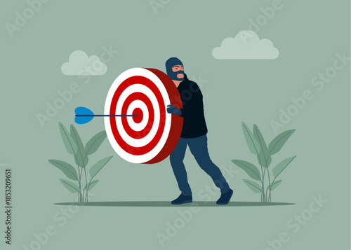 Thief stealing business, burglar with wearing dartboard. Lawyer and advocate services. Laws coming into effect. Vector flat illustration