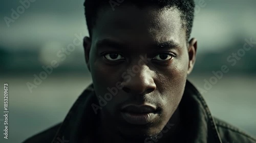 Close up portrait of a serious young black man outdoors