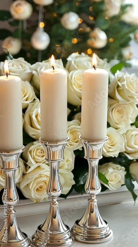 Soft candlelight shines on a lovely arrangement of roses, creating a warm and inviting atmosphere for a festive occasion