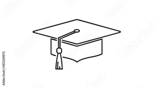 Black outline of a graduation cap with a tassel on a white background Keywords: graduation cap