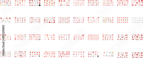 Collection of red heart doodles and love symbols in various styles and colors hearts