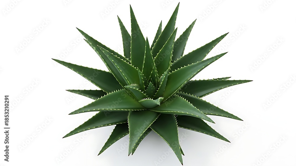 Fototapeta premium A single green aloe vera plant with pointed leaves and white serrated edges growing in a pot against a white background