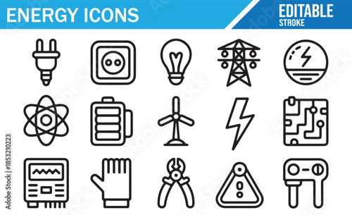 Energy management and power supply outline icon set, vector art.