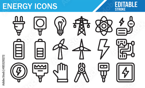 Line vector icons for electricity, technology, and power industry.