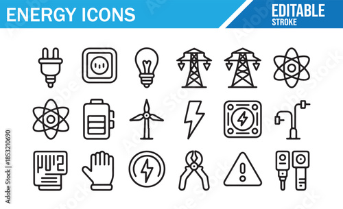 Renewable and sustainable energy line icons, vector design elements.