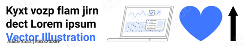 Data analysis, business growth, technology trends, health metrics, marketing insights, online monitoring. Laptop screen with chart, heart and arrow icon. Data analysis and business growth concept