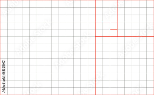 Red Line Golden Ratio Fibonacci Rectangle Grid Design Template.