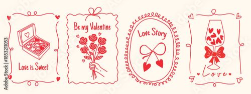 Vintage Hand Drawn Valentine's Day Card Set-Coquette Aesthetic Templates with Hearts, Cherries, and Bows for Posters, Banners, Branding, and Sale Labels.