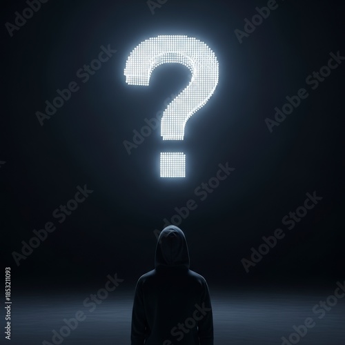 Silhouette of a person looking up at a glowing question mark in a dark room, symbolizing doubt and inquiry.
