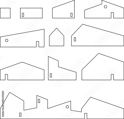 Set of Architectural Building and House Facades Line Silhouettes.