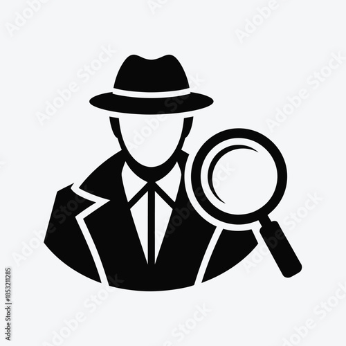 A silhouette icon of a person wearing a trench coat and fedora hat with a magnifying glass