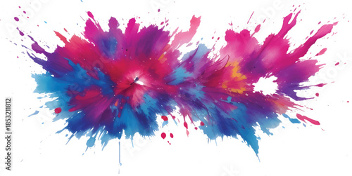 Colorful ink splashes and artistic watercolor paint splatters create a vibrant abstract texture on a white paper background for a liquid vector design element