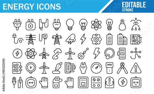 Power and renewable energy sources outline icons, editable stroke.