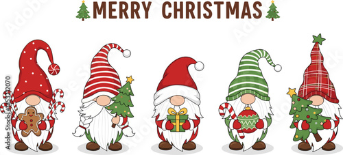 Cute Merry Christmas Gnomes Collection Featuring Adorable Scandinavian Tomte Characters with Gingerbread Man Candy Canes and Trees on White Background