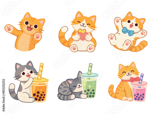 A cute set of kawaii cartoon cats in different playful poses, some holding hearts and others enjoying bubble tea drinks, illustrated in a bright flat style