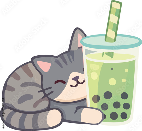 A cute kawaii-style cartoon kitten cuddles a cup of green bubble tea with tapioca pearls, illustrated in a soft flat design