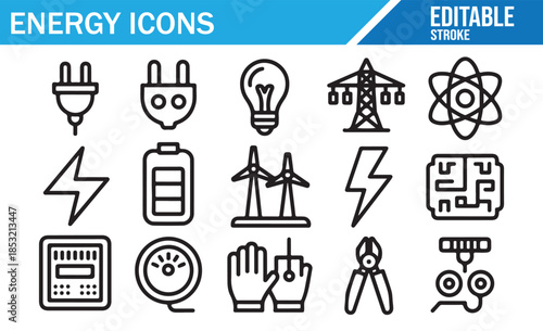 Energy and electricity line icon set. Vector illustrations of power, renewable sources, battery, and technology. Editable stroke outline.