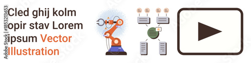 Automation, robotics, data processing, technology flow, industrial processes, multimedia tools. Robotic arm, data flow icons play button. Automation and data processing-themed concept