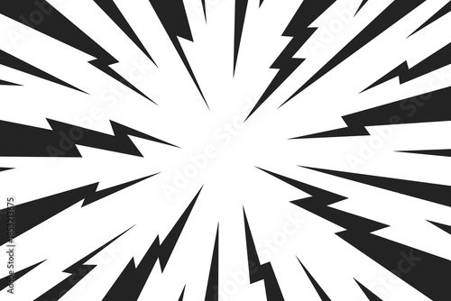 Background with thunder. Bolt line comic backgrounds. Lightning anime. Concentration effect lines. Cartoon pop art. Manga light ray. Zigzag pattern. Zig zag bg. Halftone speed. Vector illustration