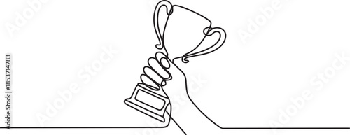  Hand holding trophy continuously drawing one line symbol of achievement, one line Art icon drawing