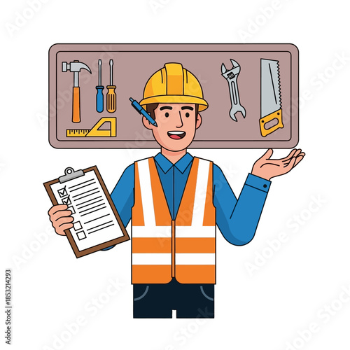 Cartoon Construction Worker with Tools Display.