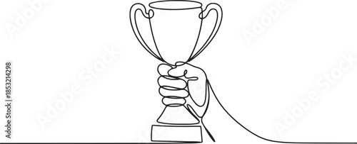  Hand holding trophy continuously drawing one line symbol of achievement, one line Art icon drawing