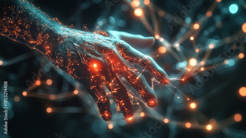 An artistic and surreal image of a hand with red glowing fire touching the stars in space, creating a sense of magical connection between the earthly and celestial.