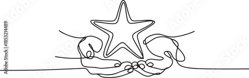 Star continuous line drawing. Rating symbol. Human arms palms. Feedback concept. one line Art icon drawing