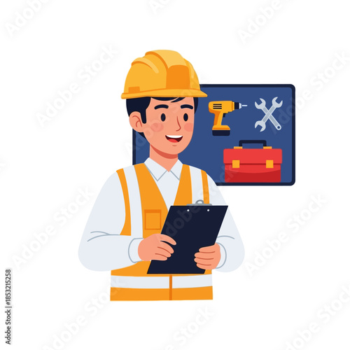 Construction Worker Holding Clipboard and Checklist.